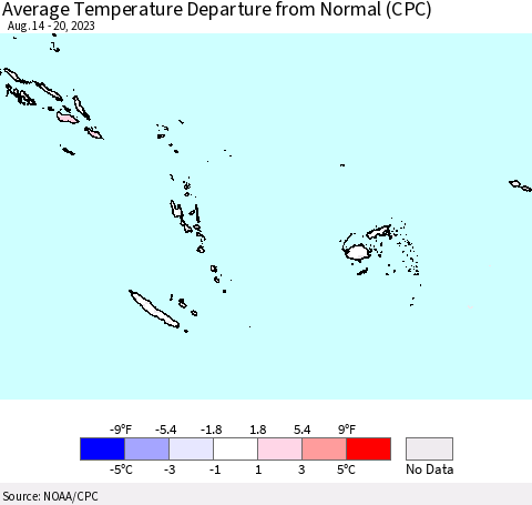 Fiji, Samoa, Solomon Isl. and Vanuatu Average Temperature Departure from Normal (CPC) Thematic Map For 8/14/2023 - 8/20/2023