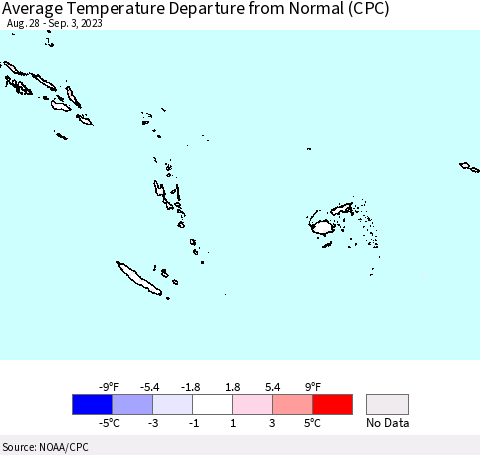 Fiji, Samoa, Solomon Isl. and Vanuatu Average Temperature Departure from Normal (CPC) Thematic Map For 8/28/2023 - 9/3/2023