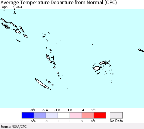 Fiji, Samoa, Solomon Isl. and Vanuatu Average Temperature Departure from Normal (CPC) Thematic Map For 4/1/2024 - 4/7/2024
