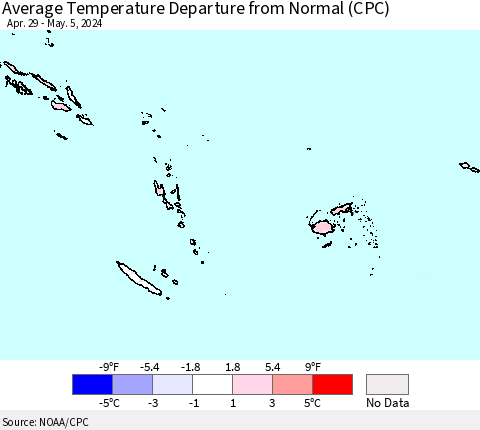 Fiji, Samoa, Solomon Isl. and Vanuatu Average Temperature Departure from Normal (CPC) Thematic Map For 4/29/2024 - 5/5/2024