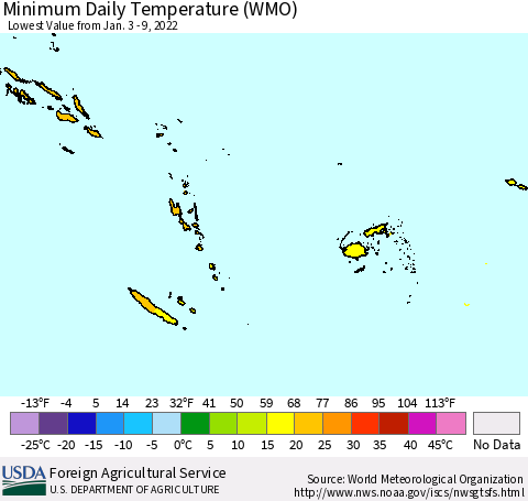 Fiji, Samoa, Solomon Isl. and Vanuatu Minimum Daily Temperature (WMO) Thematic Map For 1/3/2022 - 1/9/2022