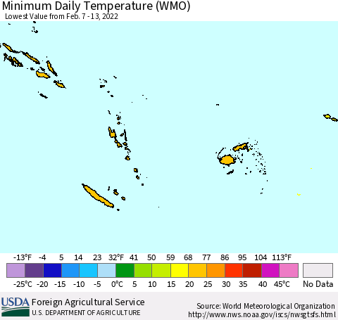 Fiji, Samoa, Solomon Isl. and Vanuatu Minimum Daily Temperature (WMO) Thematic Map For 2/7/2022 - 2/13/2022