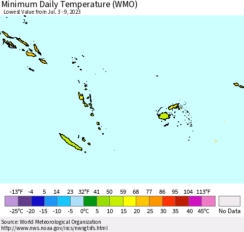 Fiji, Samoa, Solomon Isl. and Vanuatu Minimum Daily Temperature (WMO) Thematic Map For 7/3/2023 - 7/9/2023