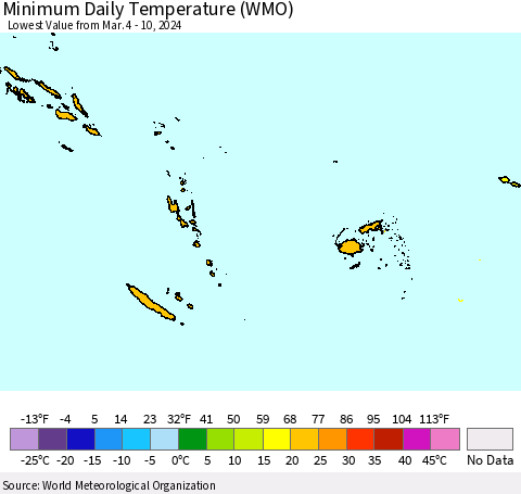 Fiji, Samoa, Solomon Isl. and Vanuatu Minimum Daily Temperature (WMO) Thematic Map For 3/4/2024 - 3/10/2024