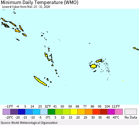 Fiji, Samoa, Solomon Isl. and Vanuatu Minimum Daily Temperature (WMO) Thematic Map For 3/25/2024 - 3/31/2024
