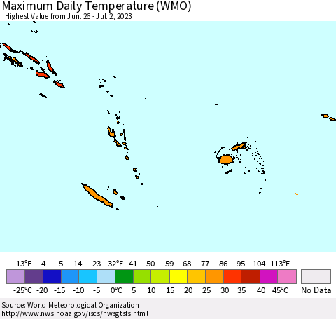 Fiji, Samoa, Solomon Isl. and Vanuatu Maximum Daily Temperature (WMO) Thematic Map For 6/26/2023 - 7/2/2023
