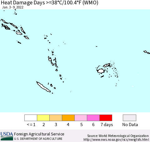 Fiji, Samoa, Solomon Isl. and Vanuatu Heat Damage Days >=38°C/100°F (WMO) Thematic Map For 1/3/2022 - 1/9/2022