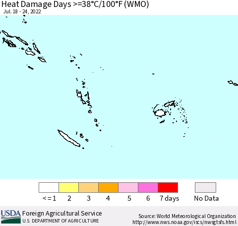 Fiji, Samoa, Solomon Isl. and Vanuatu Heat Damage Days >=38°C/100°F (WMO) Thematic Map For 7/18/2022 - 7/24/2022