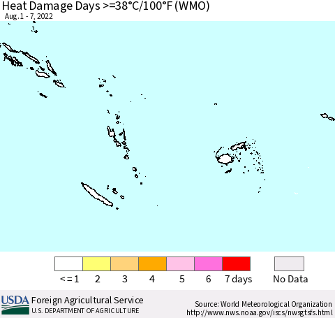 Fiji, Samoa, Solomon Isl. and Vanuatu Heat Damage Days >=38°C/100°F (WMO) Thematic Map For 8/1/2022 - 8/7/2022