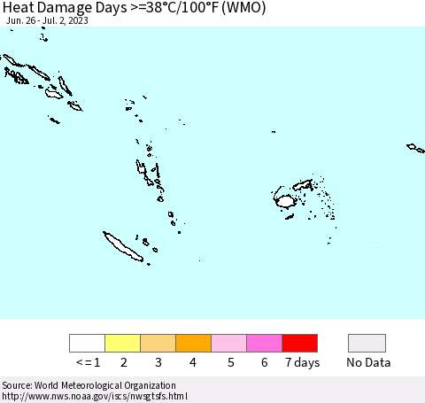 Fiji, Samoa, Solomon Isl. and Vanuatu Heat Damage Days >=38°C/100°F (WMO) Thematic Map For 6/26/2023 - 7/2/2023