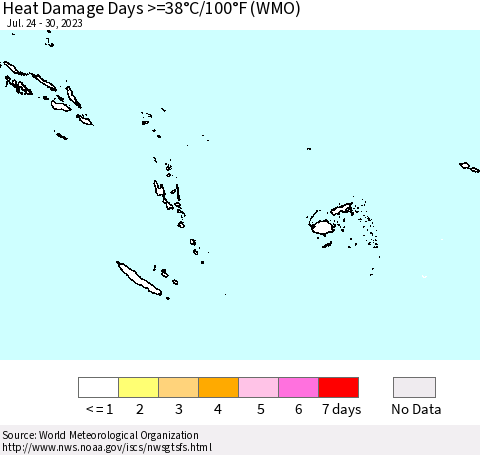 Fiji, Samoa, Solomon Isl. and Vanuatu Heat Damage Days >=38°C/100°F (WMO) Thematic Map For 7/24/2023 - 7/30/2023