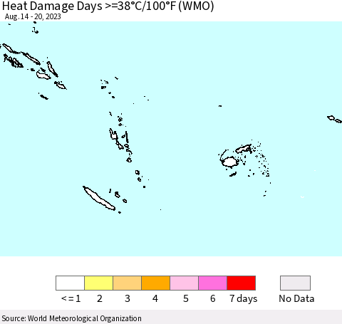 Fiji, Samoa, Solomon Isl. and Vanuatu Heat Damage Days >=38°C/100°F (WMO) Thematic Map For 8/14/2023 - 8/20/2023