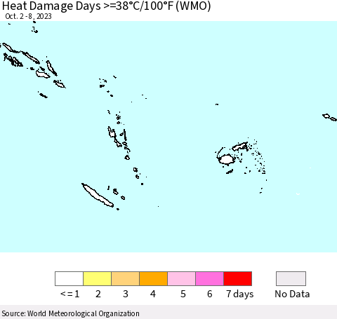 Fiji, Samoa, Solomon Isl. and Vanuatu Heat Damage Days >=38°C/100°F (WMO) Thematic Map For 10/2/2023 - 10/8/2023