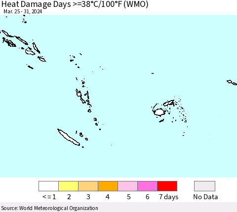 Fiji, Samoa, Solomon Isl. and Vanuatu Heat Damage Days >=38°C/100°F (WMO) Thematic Map For 3/25/2024 - 3/31/2024