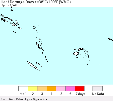 Fiji, Samoa, Solomon Isl. and Vanuatu Heat Damage Days >=38°C/100°F (WMO) Thematic Map For 4/1/2024 - 4/7/2024