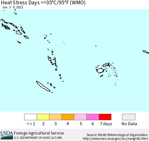 Fiji, Samoa, Solomon Isl. and Vanuatu Heat Stress Days >=35°C/95°F (WMO) Thematic Map For 1/3/2022 - 1/9/2022