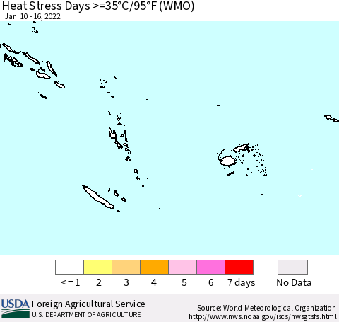 Fiji, Samoa, Solomon Isl. and Vanuatu Heat Stress Days >=35°C/95°F (WMO) Thematic Map For 1/10/2022 - 1/16/2022