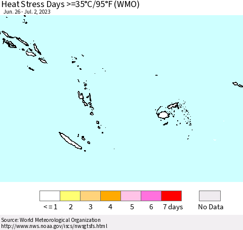 Fiji, Samoa, Solomon Isl. and Vanuatu Heat Stress Days >=35°C/95°F (WMO) Thematic Map For 6/26/2023 - 7/2/2023