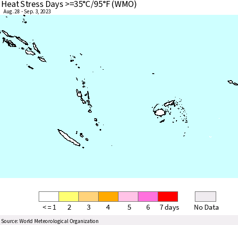 Fiji, Samoa, Solomon Isl. and Vanuatu Heat Stress Days >=35°C/95°F (WMO) Thematic Map For 8/28/2023 - 9/3/2023