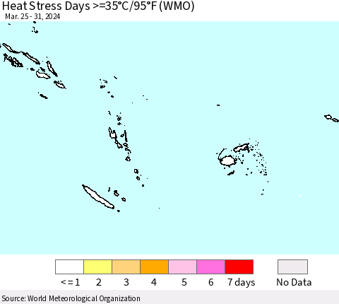 Fiji, Samoa, Solomon Isl. and Vanuatu Heat Stress Days >=35°C/95°F (WMO) Thematic Map For 3/25/2024 - 3/31/2024