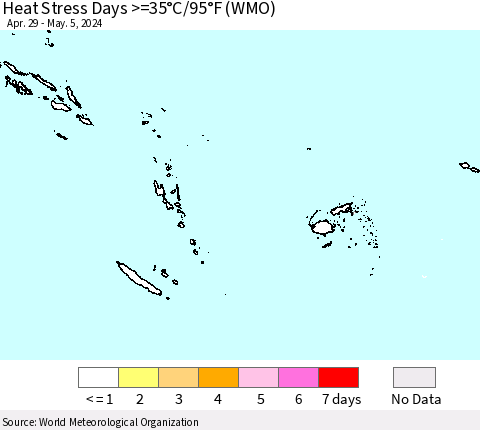 Fiji, Samoa, Solomon Isl. and Vanuatu Heat Stress Days >=35°C/95°F (WMO) Thematic Map For 4/29/2024 - 5/5/2024