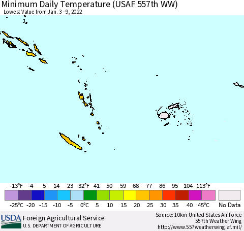 Fiji, Samoa, Solomon Isl. and Vanuatu Minimum Daily Temperature (USAF 557th WW) Thematic Map For 1/3/2022 - 1/9/2022