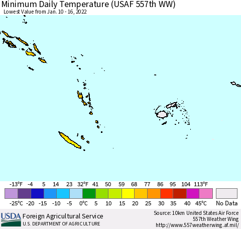 Fiji, Samoa, Solomon Isl. and Vanuatu Minimum Daily Temperature (USAF 557th WW) Thematic Map For 1/10/2022 - 1/16/2022