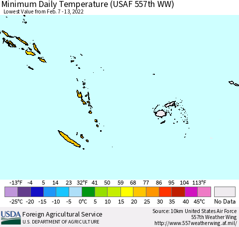 Fiji, Samoa, Solomon Isl. and Vanuatu Minimum Daily Temperature (USAF 557th WW) Thematic Map For 2/7/2022 - 2/13/2022