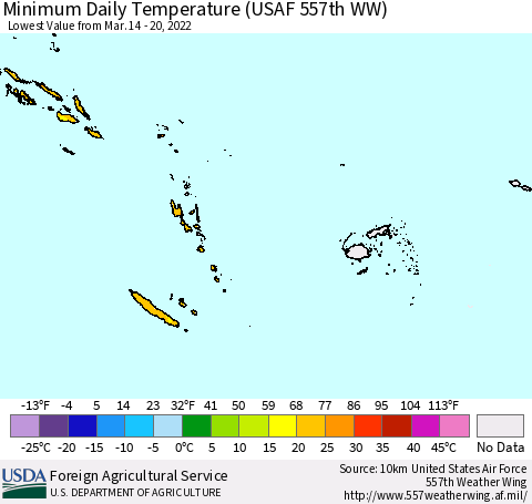Fiji, Samoa, Solomon Isl. and Vanuatu Minimum Daily Temperature (USAF 557th WW) Thematic Map For 3/14/2022 - 3/20/2022