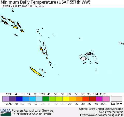 Fiji, Samoa, Solomon Isl. and Vanuatu Minimum Daily Temperature (USAF 557th WW) Thematic Map For 4/11/2022 - 4/17/2022