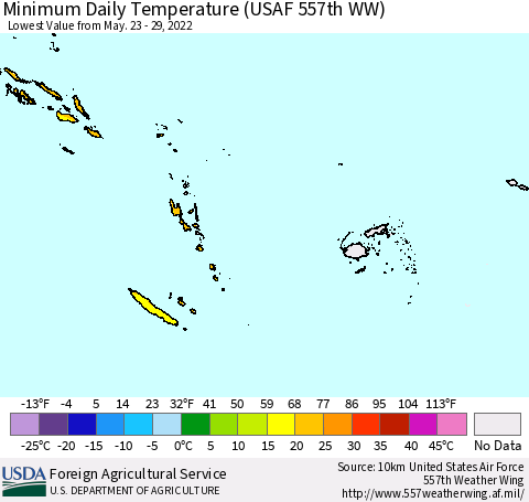 Fiji, Samoa, Solomon Isl. and Vanuatu Minimum Daily Temperature (USAF 557th WW) Thematic Map For 5/23/2022 - 5/29/2022