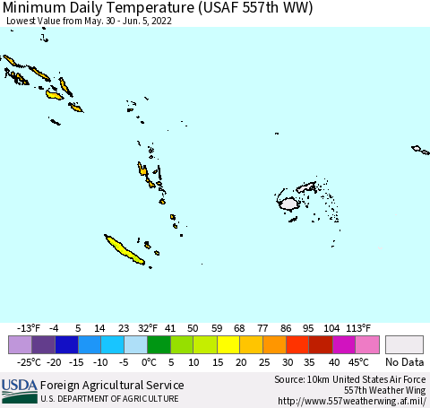 Fiji, Samoa, Solomon Isl. and Vanuatu Minimum Daily Temperature (USAF 557th WW) Thematic Map For 5/30/2022 - 6/5/2022