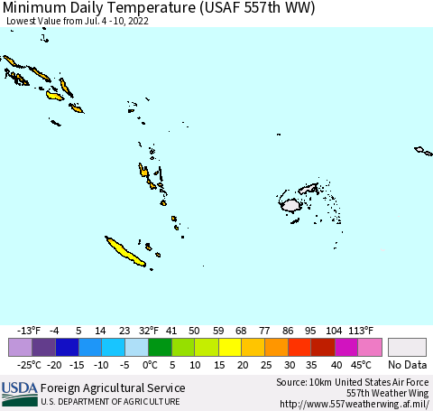 Fiji, Samoa, Solomon Isl. and Vanuatu Minimum Daily Temperature (USAF 557th WW) Thematic Map For 7/4/2022 - 7/10/2022