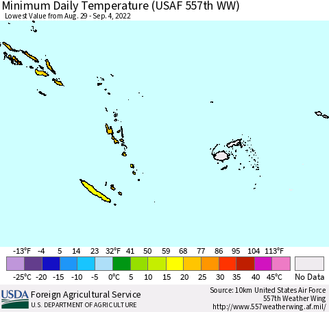 Fiji, Samoa, Solomon Isl. and Vanuatu Minimum Daily Temperature (USAF 557th WW) Thematic Map For 8/29/2022 - 9/4/2022