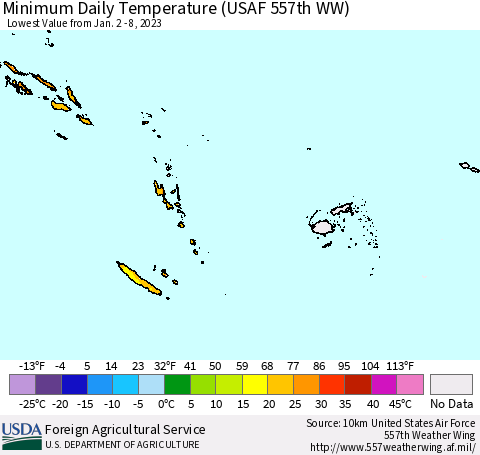 Fiji, Samoa, Solomon Isl. and Vanuatu Minimum Daily Temperature (USAF 557th WW) Thematic Map For 1/2/2023 - 1/8/2023