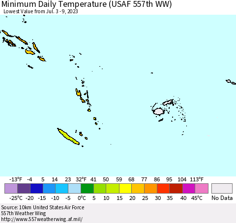 Fiji, Samoa, Solomon Isl. and Vanuatu Minimum Daily Temperature (USAF 557th WW) Thematic Map For 7/3/2023 - 7/9/2023