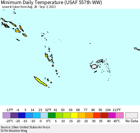 Fiji, Samoa, Solomon Isl. and Vanuatu Minimum Daily Temperature (USAF 557th WW) Thematic Map For 8/28/2023 - 9/3/2023