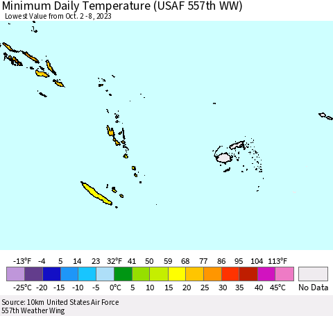 Fiji, Samoa, Solomon Isl. and Vanuatu Minimum Daily Temperature (USAF 557th WW) Thematic Map For 10/2/2023 - 10/8/2023