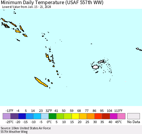 Fiji, Samoa, Solomon Isl. and Vanuatu Minimum Daily Temperature (USAF 557th WW) Thematic Map For 1/15/2024 - 1/21/2024