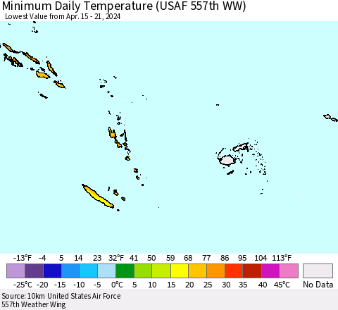 Fiji, Samoa, Solomon Isl. and Vanuatu Minimum Daily Temperature (USAF 557th WW) Thematic Map For 4/15/2024 - 4/21/2024