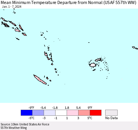 Fiji, Samoa, Solomon Isl. and Vanuatu Mean Minimum Temperature Departure from Normal (USAF 557th WW) Thematic Map For 1/1/2024 - 1/7/2024