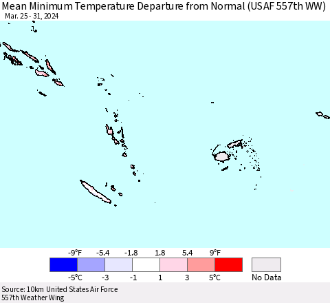 Fiji, Samoa, Solomon Isl. and Vanuatu Mean Minimum Temperature Departure from Normal (USAF 557th WW) Thematic Map For 3/25/2024 - 3/31/2024