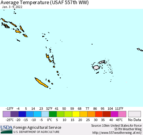 Fiji, Samoa, Solomon Isl. and Vanuatu Average Temperature (USAF 557th WW) Thematic Map For 1/3/2022 - 1/9/2022