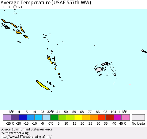 Fiji, Samoa, Solomon Isl. and Vanuatu Average Temperature (USAF 557th WW) Thematic Map For 7/3/2023 - 7/9/2023