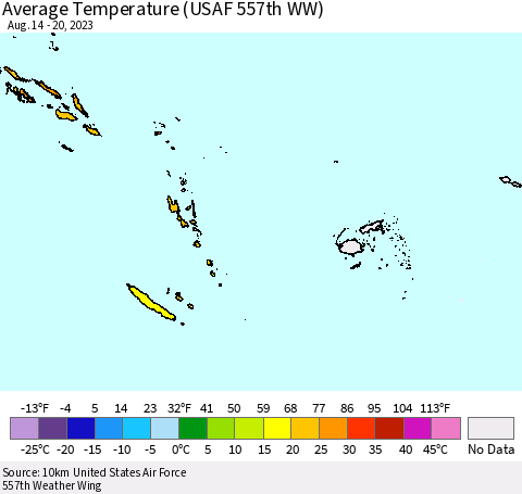 Fiji, Samoa, Solomon Isl. and Vanuatu Average Temperature (USAF 557th WW) Thematic Map For 8/14/2023 - 8/20/2023