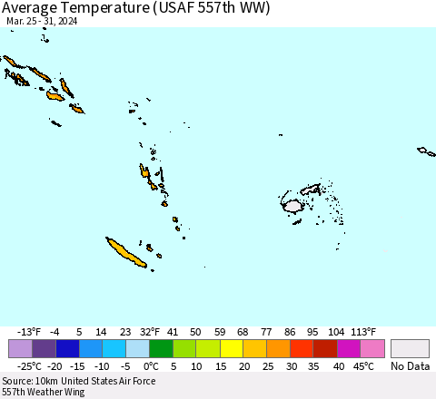 Fiji, Samoa, Solomon Isl. and Vanuatu Average Temperature (USAF 557th WW) Thematic Map For 3/25/2024 - 3/31/2024