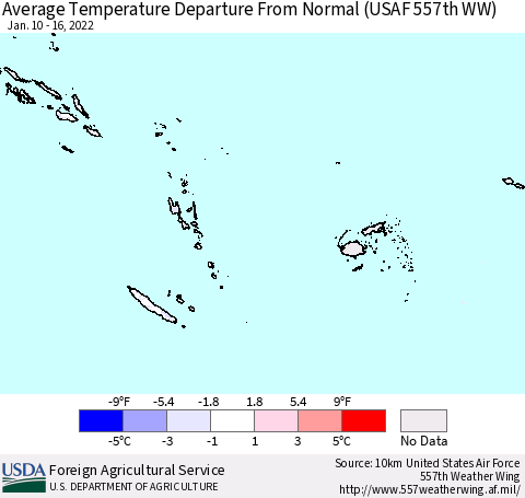 Fiji, Samoa, Solomon Isl. and Vanuatu Average Temperature Departure from Normal (USAF 557th WW) Thematic Map For 1/10/2022 - 1/16/2022