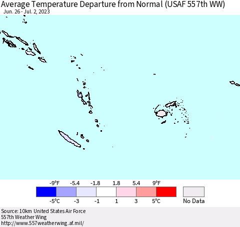 Fiji, Samoa, Solomon Isl. and Vanuatu Average Temperature Departure from Normal (USAF 557th WW) Thematic Map For 6/26/2023 - 7/2/2023