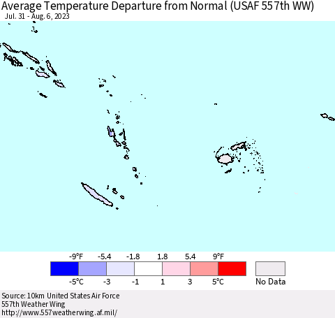 Fiji, Samoa, Solomon Isl. and Vanuatu Average Temperature Departure from Normal (USAF 557th WW) Thematic Map For 7/31/2023 - 8/6/2023