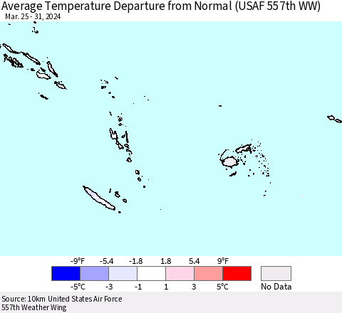 Fiji, Samoa, Solomon Isl. and Vanuatu Average Temperature Departure from Normal (USAF 557th WW) Thematic Map For 3/25/2024 - 3/31/2024
